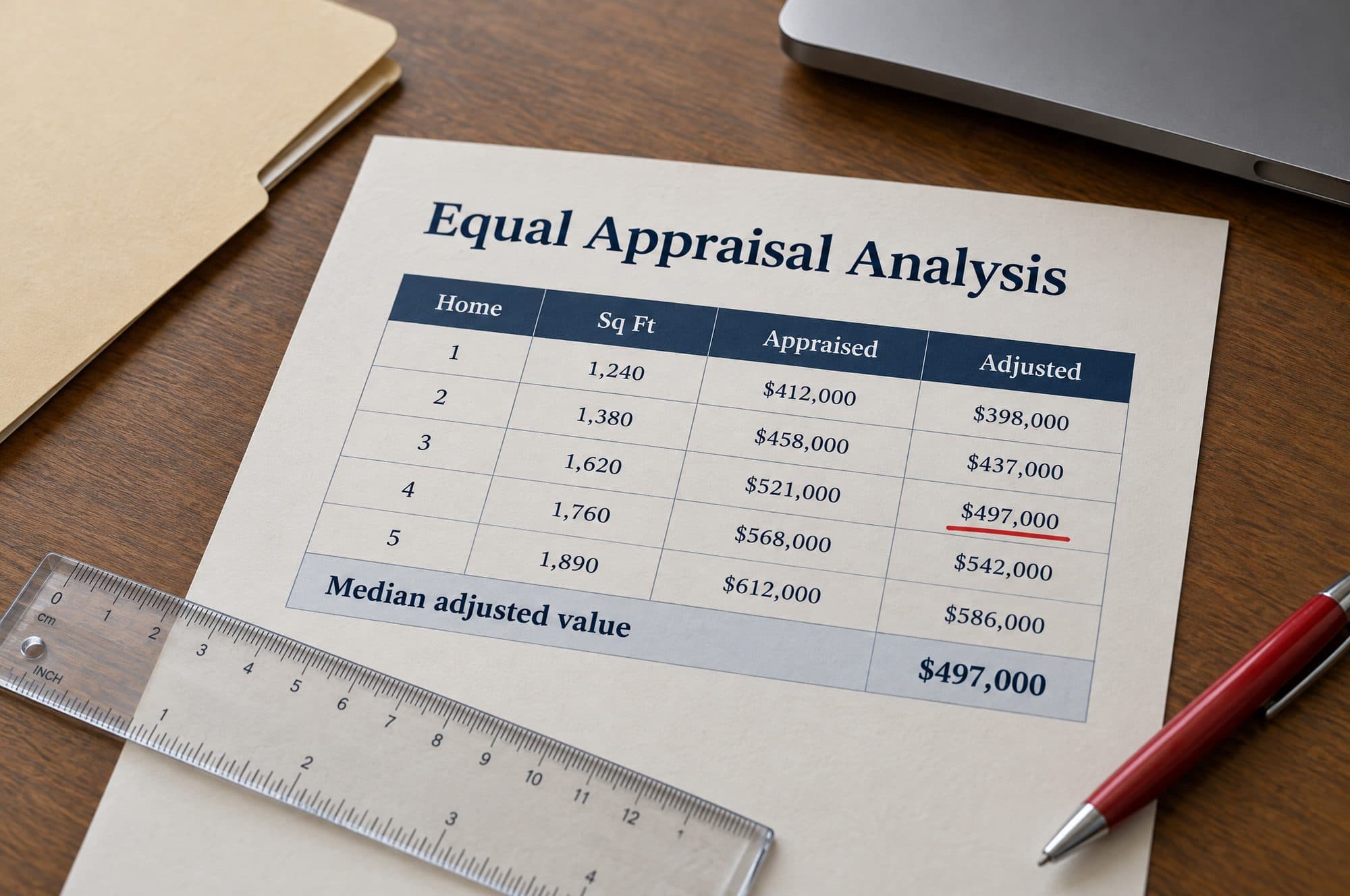 A printed equal appraisal analysis on a desk, one figure underlined in red pen.