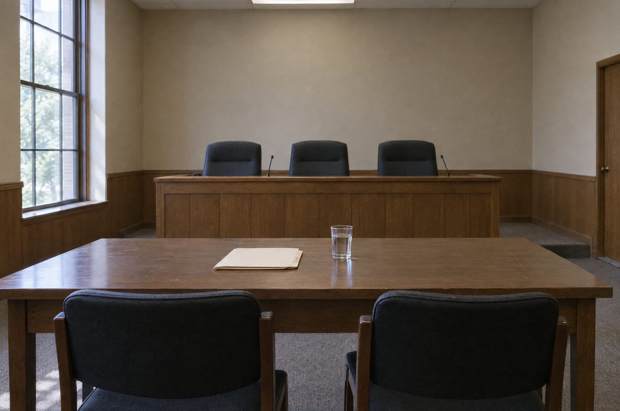 An empty hearing room with a panel desk facing a table.