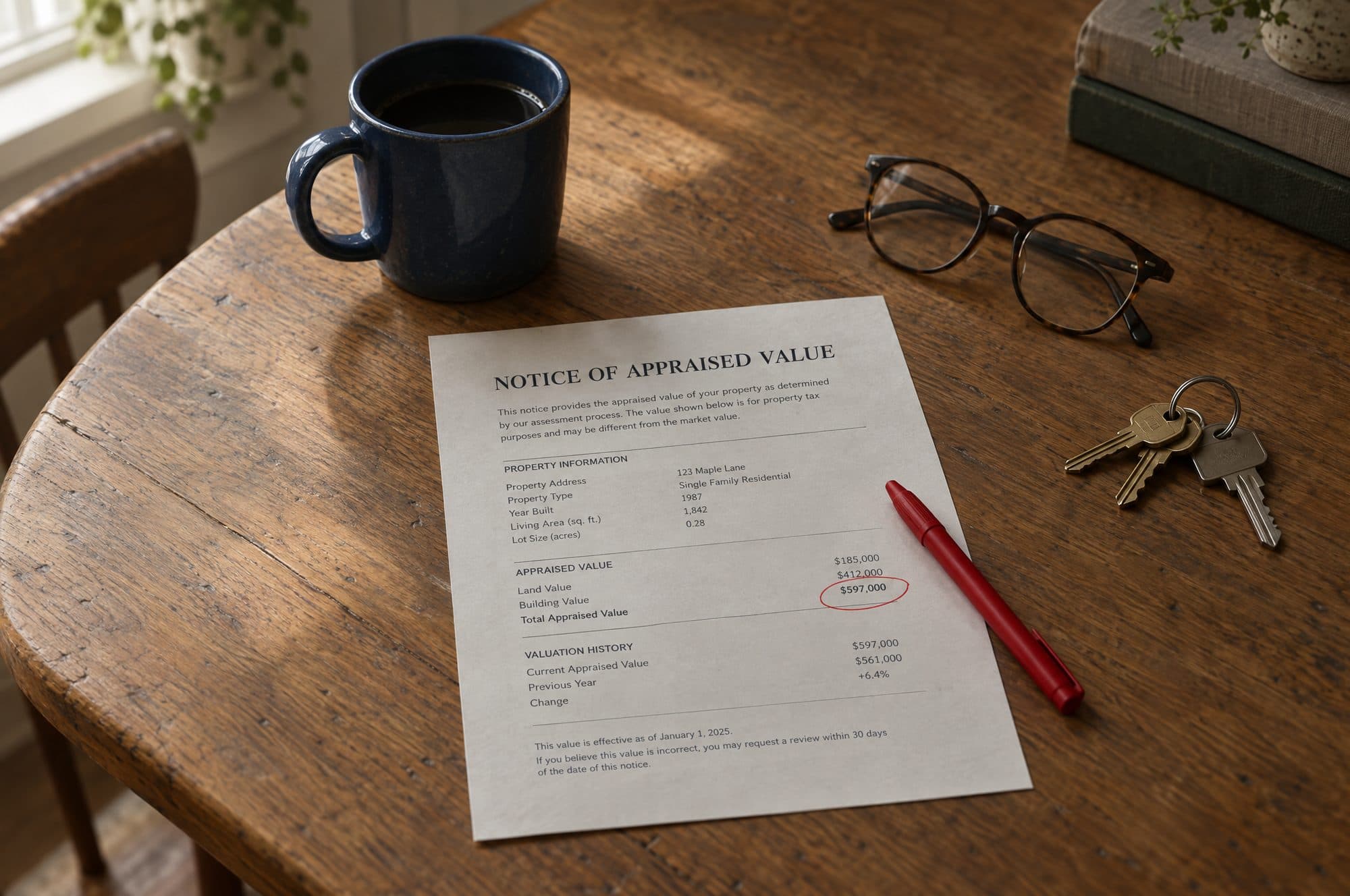 An appraisal notice on a kitchen table, its total circled in red pen.